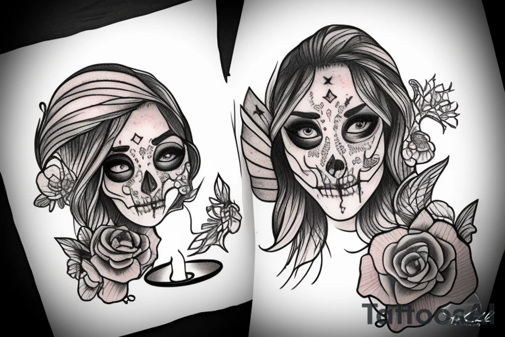girl half skull face, with candle and mirror frame tattoo idea