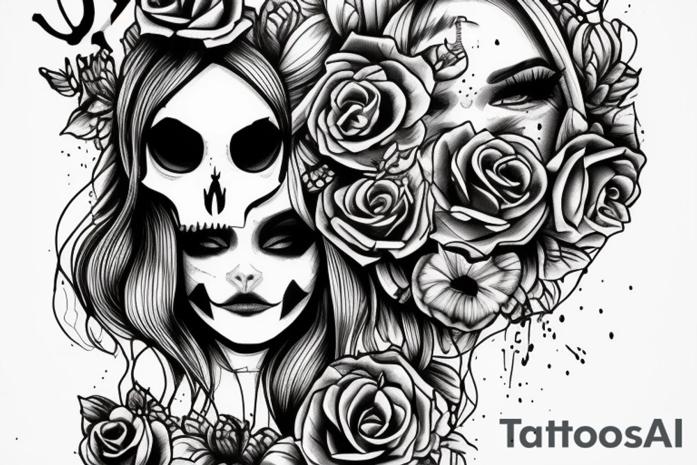 girl half skull face, with candle and mirror frame tattoo idea