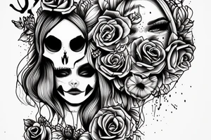 girl half skull face, with candle and mirror frame tattoo idea