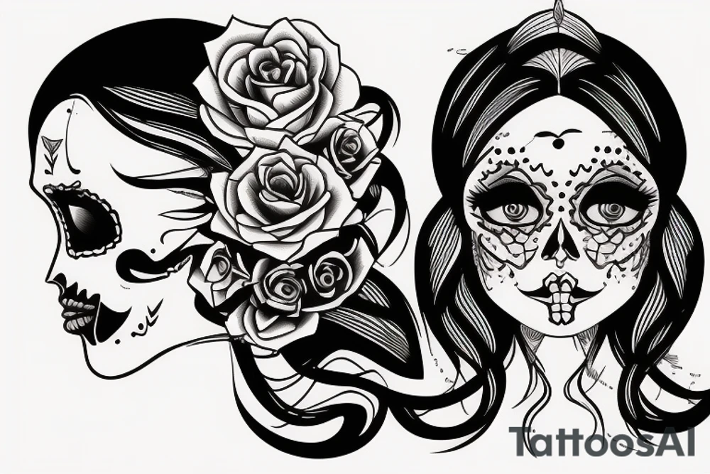 girl half skull face, with candle and mirror frame tattoo idea