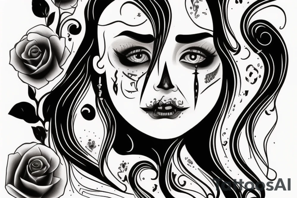 girl half skull face, with candle and mirror frame tattoo idea