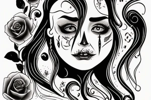 girl half skull face, with candle and mirror frame tattoo idea