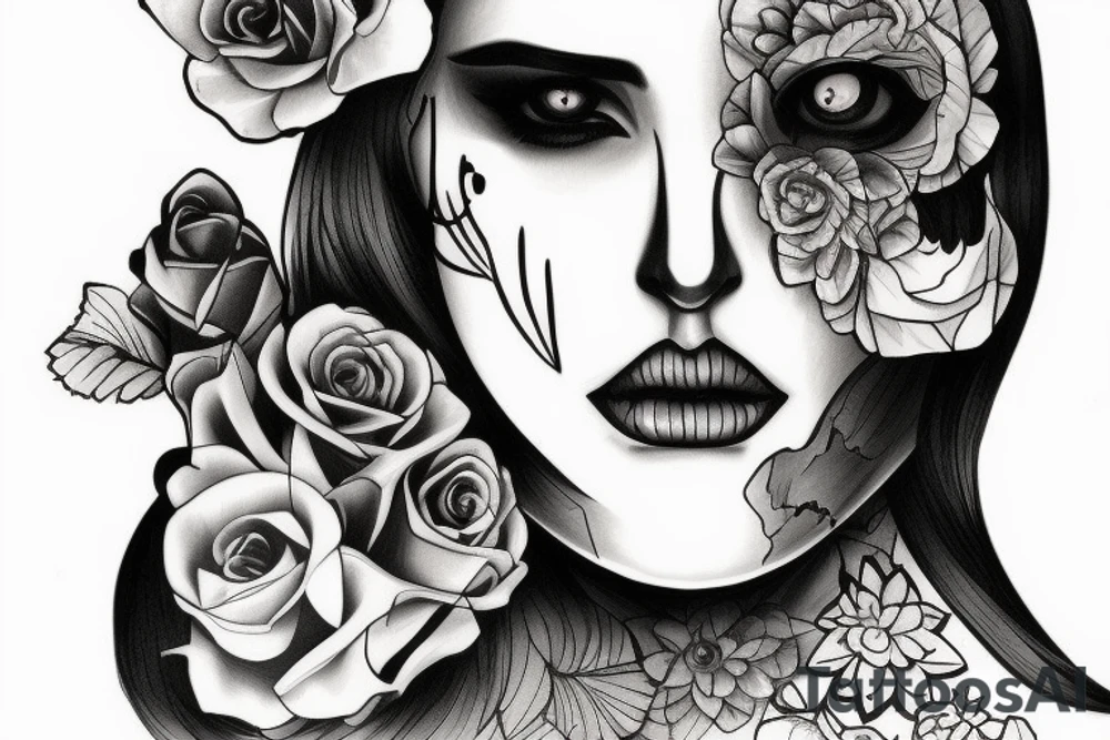 girl half skull face, with candle and mirror frame tattoo idea