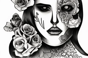 girl half skull face, with candle and mirror frame tattoo idea
