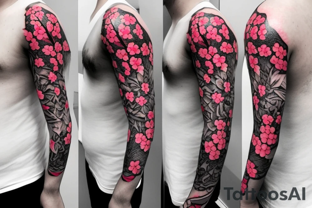 CHERRY BLOSSOM SLEAVE TATTOO FROM CHEST TO LOWER ARM FOR MEN tattoo idea