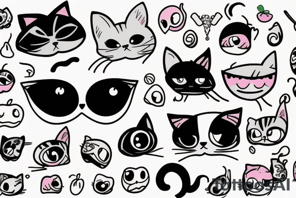 one eyed cat has an apple and bikini tattoo idea