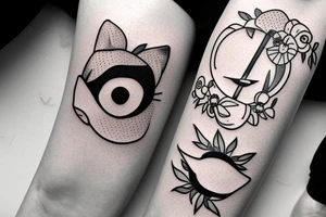 one eyed cat has an apple and bikini tattoo idea