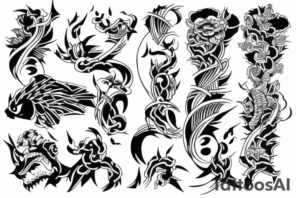 Japanese style tattoo from chest to upper arm to lower arm for men tattoo idea