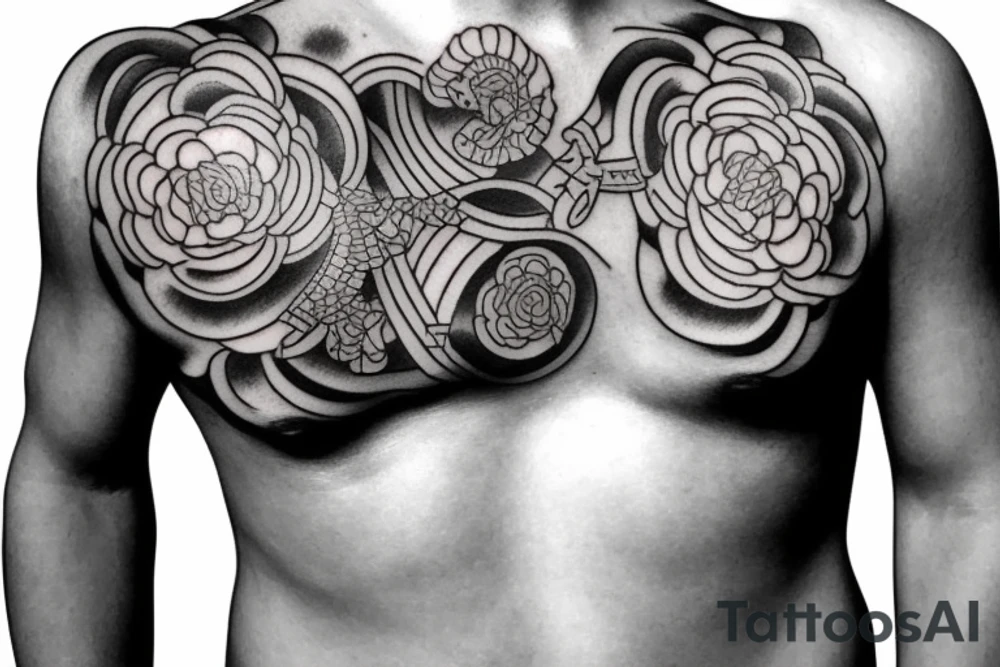 Japanese style tattoo from chest to upper arm to lower arm for men tattoo idea