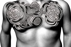 Japanese style tattoo from chest to upper arm to lower arm for men tattoo idea