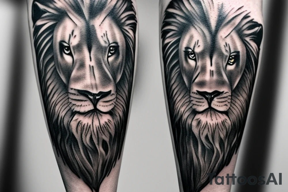 Realistic black grey and white lion forearm tattoo. Design that covers all the forearm. tattoo idea