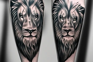 Realistic black grey and white lion forearm tattoo. Design that covers all the forearm. tattoo idea