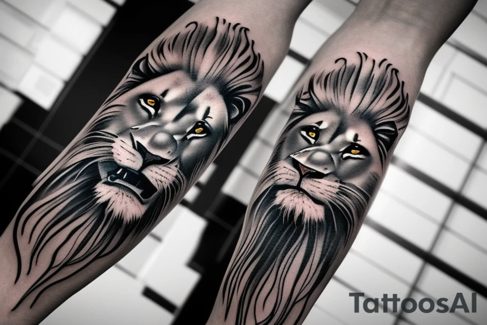 Realistic black grey and white lion forearm tattoo. Design that covers all the forearm. tattoo idea