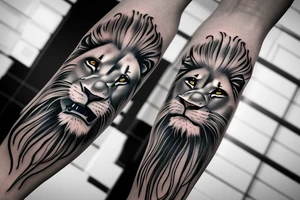 Realistic black grey and white lion forearm tattoo. Design that covers all the forearm. tattoo idea