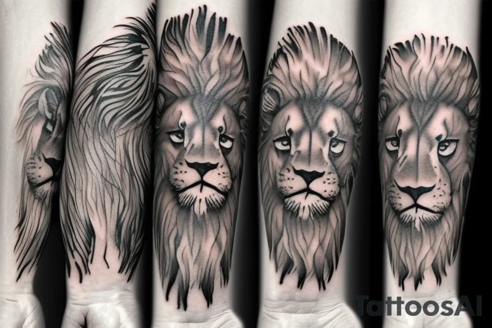 Realistic black grey and white lion forearm tattoo. Design that covers all the forearm. tattoo idea