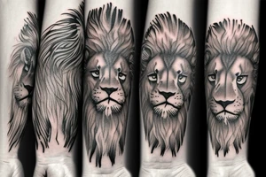 Realistic black grey and white lion forearm tattoo. Design that covers all the forearm. tattoo idea