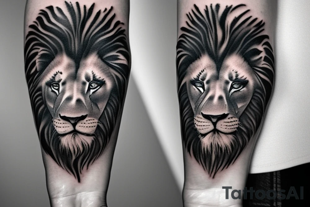 Realistic black grey and white lion forearm tattoo. Design that covers all the forearm. tattoo idea