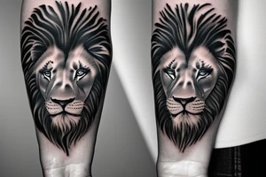 Realistic black grey and white lion forearm tattoo. Design that covers all the forearm. tattoo idea