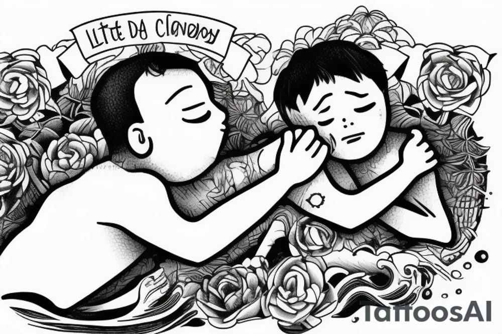 A little boy hugged by his father in the river. A tattoo that brings memories of dead father. tattoo idea