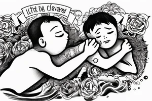 A little boy hugged by his father in the river. A tattoo that brings memories of dead father. tattoo idea
