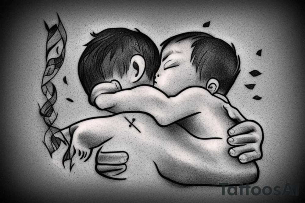 A little boy hugged by his father in the river. A tattoo that brings memories of dead father. tattoo idea