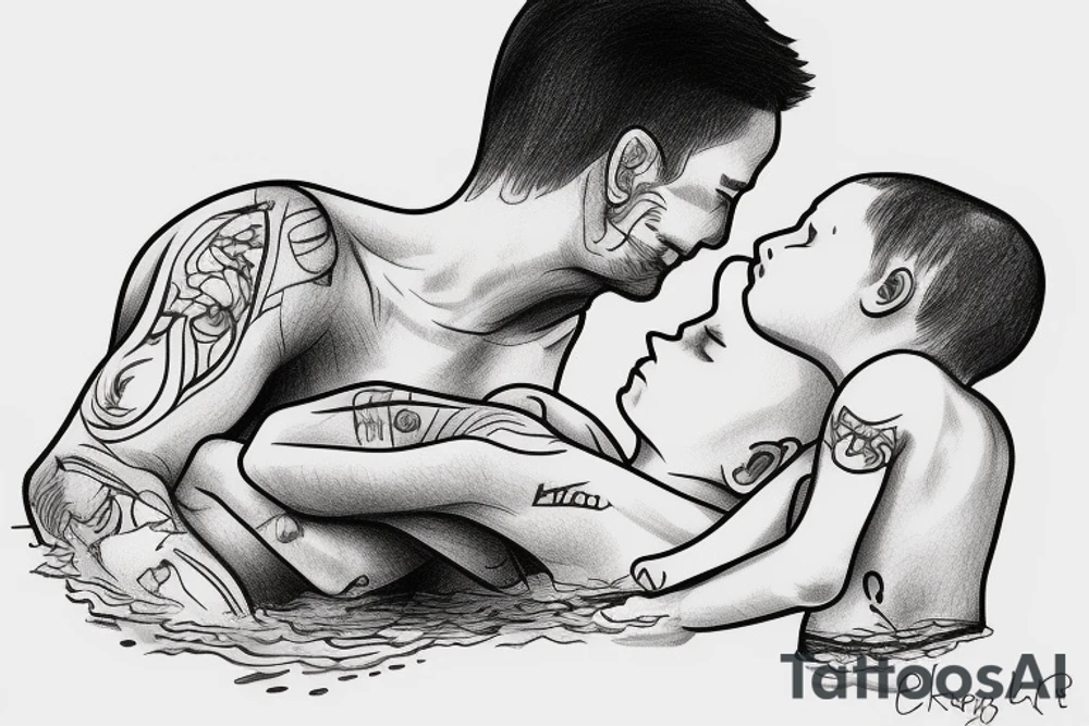 A little boy hugged by his father in a lake. tattoo idea
