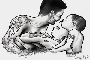 A little boy hugged by his father in a lake. tattoo idea