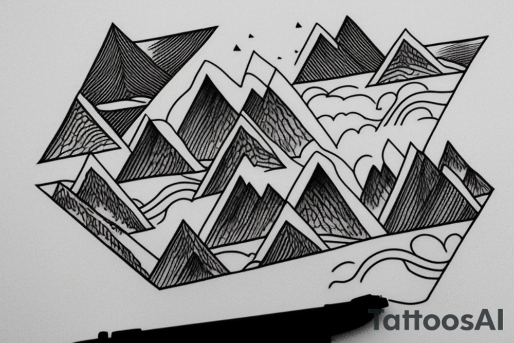 Flowing river, mountain peak in triangle tattoo idea