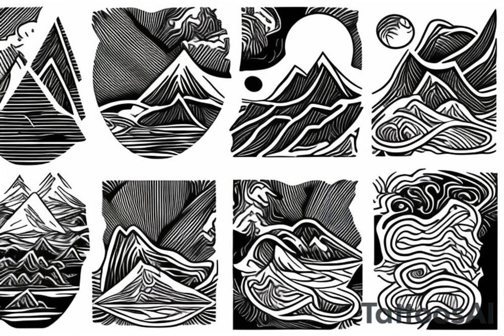 Flowing river, mountain peak in triangle tattoo idea