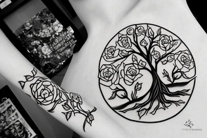 Tree planted by a river side with roses at the river bank tattoo idea