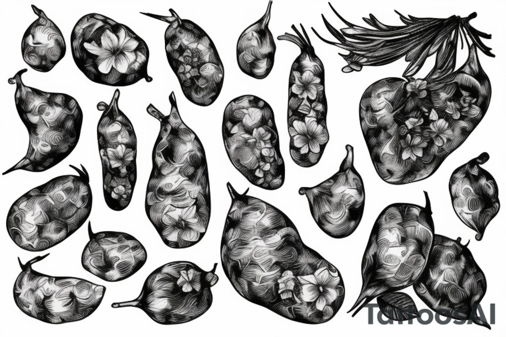 potato flowers and potato peelings arm tattoo idea