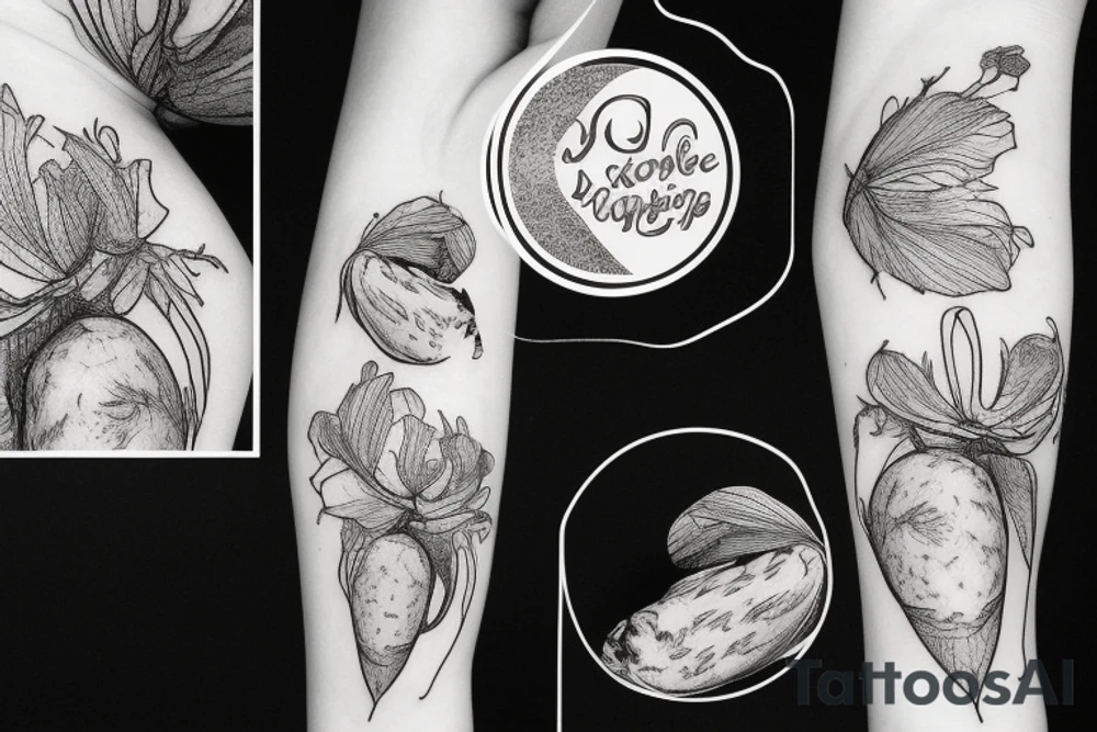 potato flowers and potato peelings arm tattoo idea