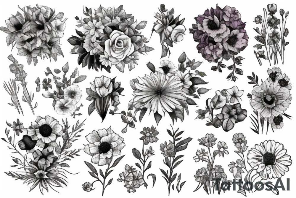 bouquet of flowers with a rose, daisy, delphinium, violet, morning glory, daffodil, hawthorn, gladiolus, marigold, and, chrysanthemum tattoo idea