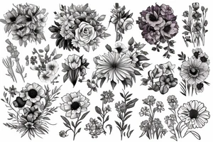 bouquet of flowers with a rose, daisy, delphinium, violet, morning glory, daffodil, hawthorn, gladiolus, marigold, and, chrysanthemum tattoo idea