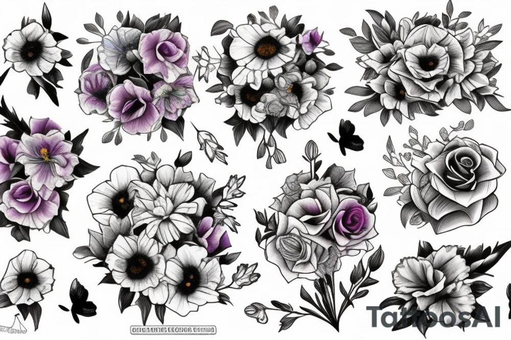 bouquet of flowers with a rose, daisy, delphinium, violet, morning glory, daffodil, hawthorn, gladiolus, marigold, and, chrysanthemum tattoo idea