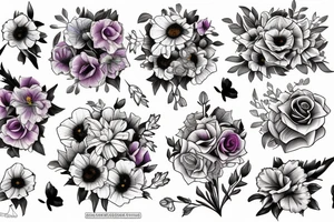 bouquet of flowers with a rose, daisy, delphinium, violet, morning glory, daffodil, hawthorn, gladiolus, marigold, and, chrysanthemum tattoo idea