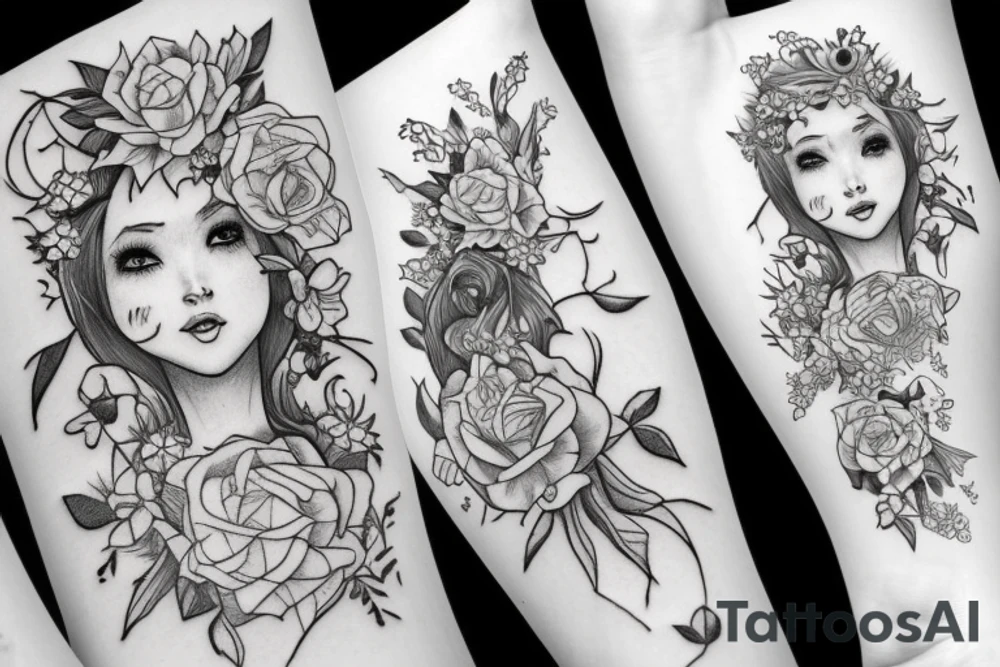 Elf lady with flowers tattoo idea