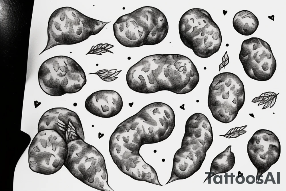 sketch for full arm of many small potatoes, potato flowers, and potato peelings tattoo idea
