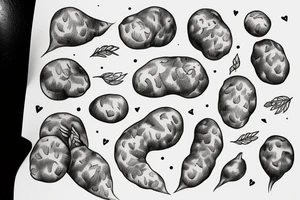 sketch for full arm of many small potatoes, potato flowers, and potato peelings tattoo idea