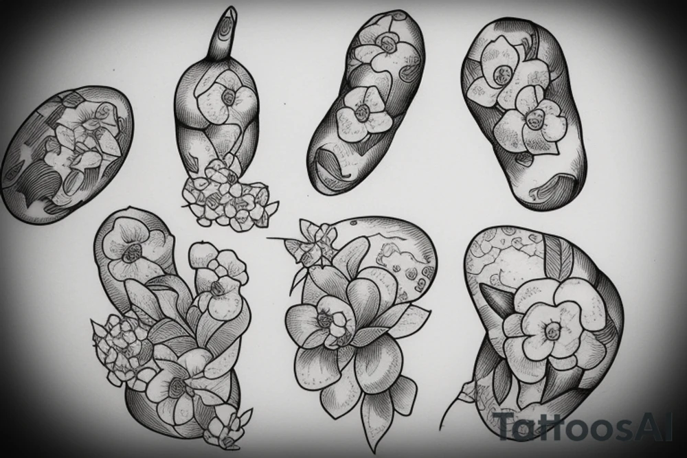 sketch for full arm of many small potatoes, potato flowers, and potato peelings tattoo idea