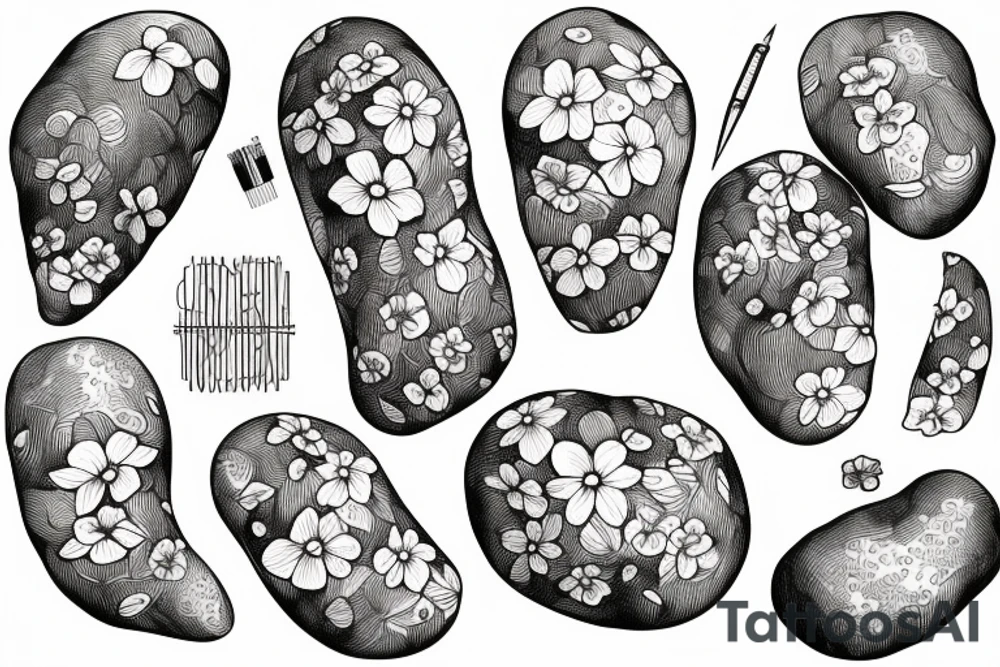 sketch for a full arm: many small potatoes, potato flowers, and potato peelings tattoo idea