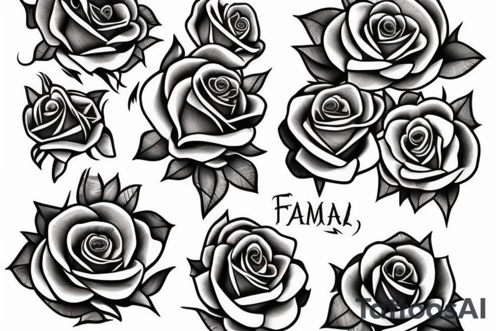 Sleev with roses and the text familia tattoo idea