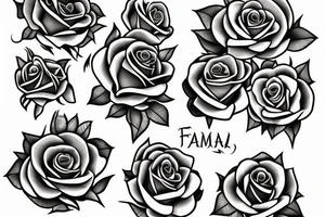 Sleev with roses and the text familia tattoo idea