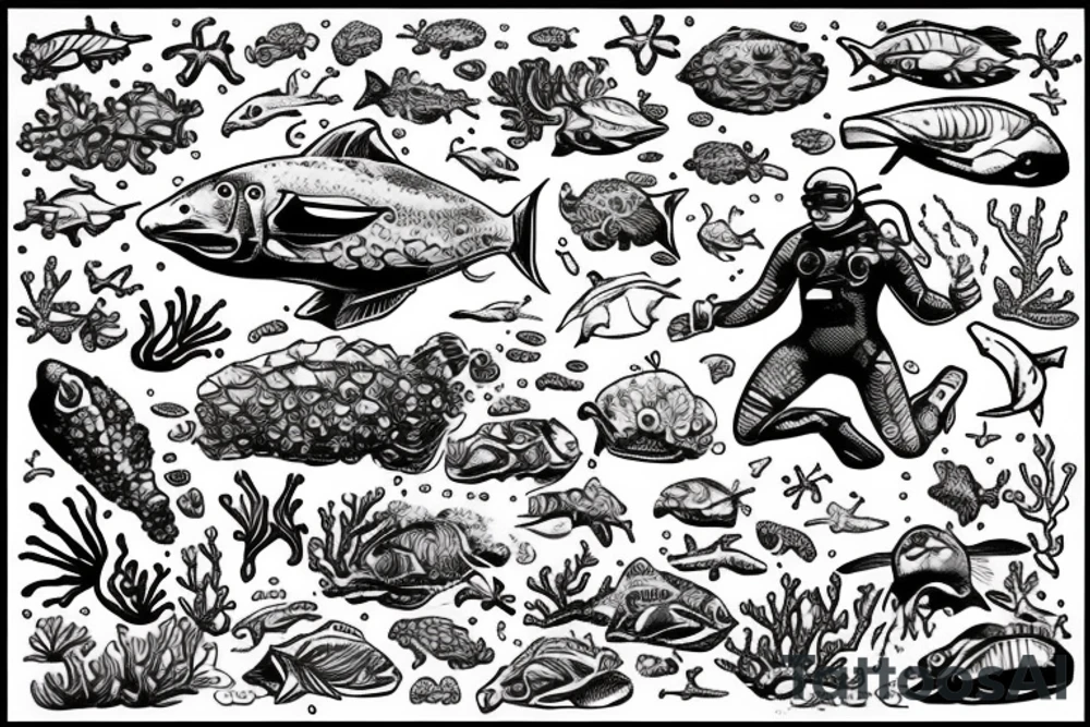 A scuba diver swimming through an underwater cave, with rocks and coral formations visible in the background. The diver can be shown wearing scuba gear, such as a wetsuit, fins, and mask, and carrying a tank on their back. tattoo idea