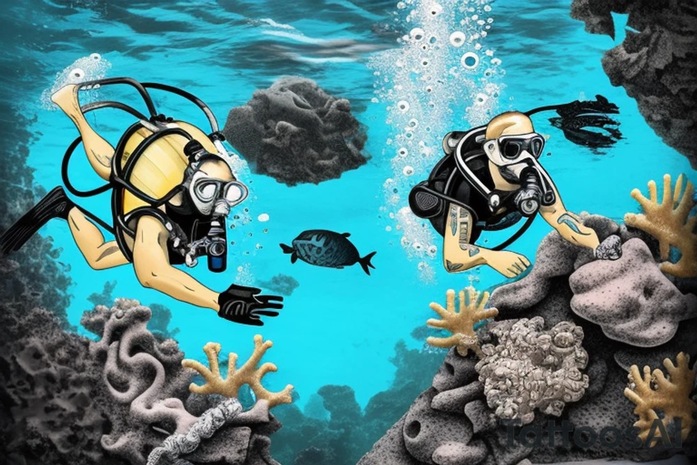 A scuba diver swimming through an underwater cave, with rocks and coral formations visible in the background. The diver can be shown wearing scuba gear, such as a wetsuit, fins, and mask, and carrying a tank on their back. tattoo idea
