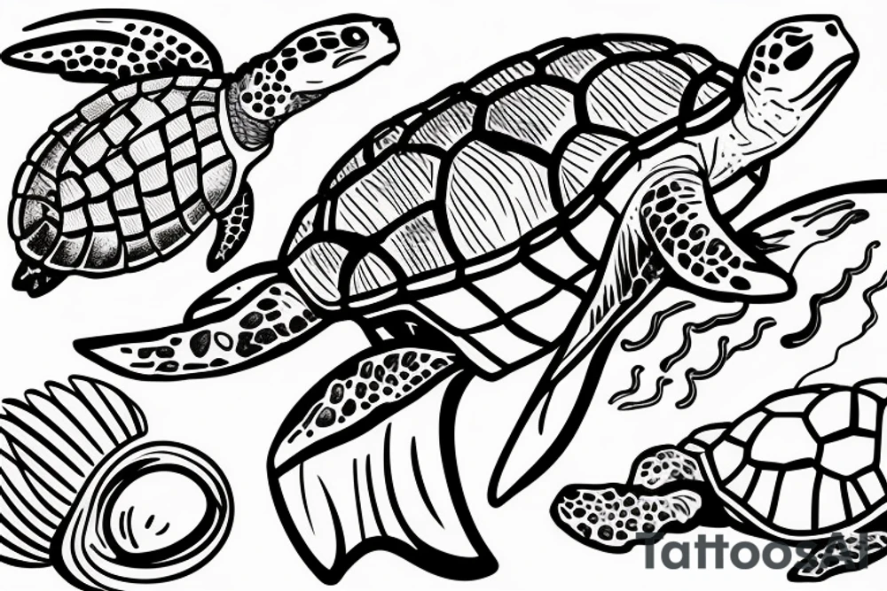 A scuba diver swimming with a sea turtle, with the turtle's flippers and shell visible in detail. The diver can be shown reaching out to touch the turtle, or swimming alongside it. tattoo idea