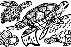 A scuba diver swimming with a sea turtle, with the turtle's flippers and shell visible in detail. The diver can be shown reaching out to touch the turtle, or swimming alongside it. tattoo idea