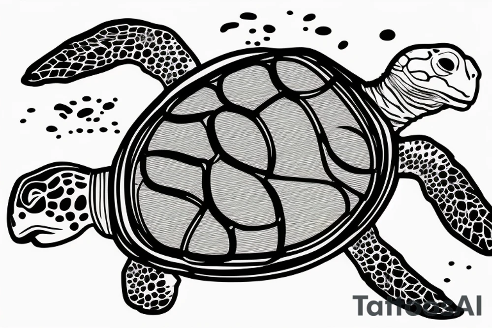 A scuba diver swimming with a sea turtle, with the turtle's flippers and shell visible in detail. The diver can be shown reaching out to touch the turtle, or swimming alongside it. tattoo idea