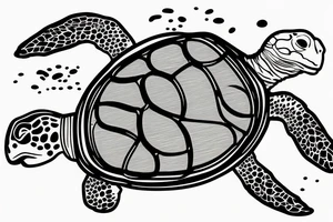 A scuba diver swimming with a sea turtle, with the turtle's flippers and shell visible in detail. The diver can be shown reaching out to touch the turtle, or swimming alongside it. tattoo idea