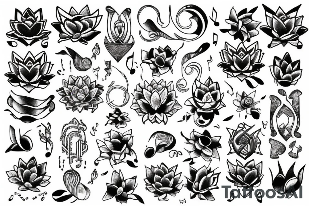 Infini, lotus, music, sea, simple tattoo idea